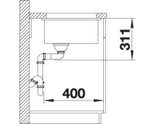 Technische Zeichnung eines Spülbeckens mit Abmessungen