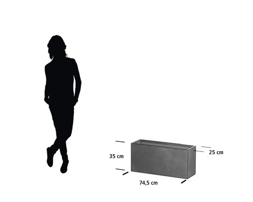 Rechteckiger Pflanzkasten mit den Maßen 74,5 cm Länge, 35 cm Höhe und 25 cm Breite.