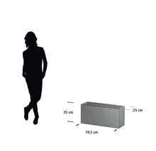 Abbildung eines Pflanzkastens mit den Maßen 35 cm Höhe, 25 cm Breite und 74,5 cm Länge.