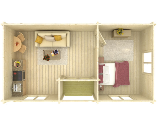 Grundriss eines Holzhauses mit Wohnzimmer, Küche und Schlafzimmer
