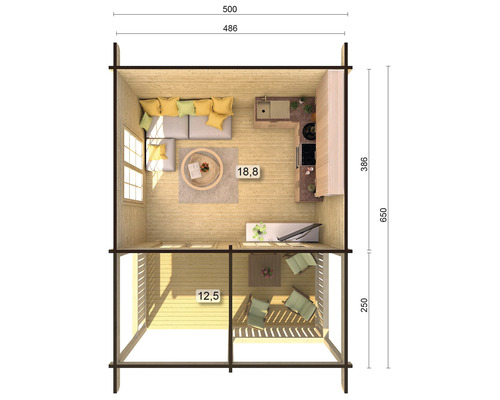 Grundriss eines Holzhauses mit Wohnzimmer, Küche und Terrasse mit Bemaßung