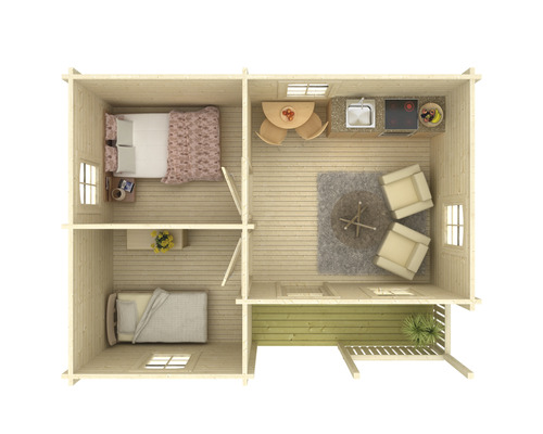 Grundriss eines Holzhauses mit Schlafzimmern, Wohnbereich, Küche und Terrasse