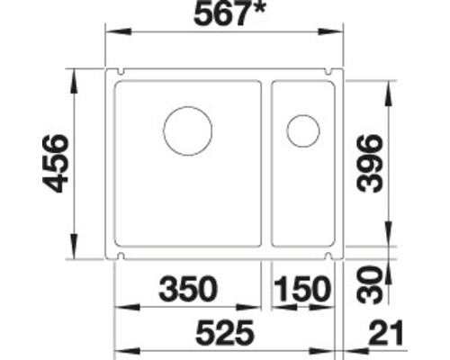 Technische Zeichnung einer Spüle mit Maßangaben