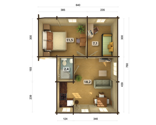 Grundriss eines Blockhauses mit Wohnzimmer, Schlafzimmer, Bad und Küche mit Maßangaben