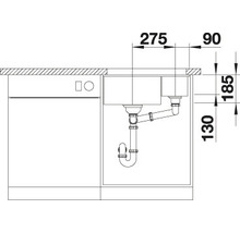 Technische Zeichnung eines Spülbeckens mit Abmessungen