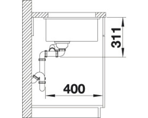 Installationsschema für Spüle mit Abmessungen für den Hornbach Webshop.