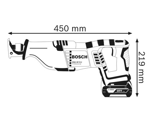 Abbildung der Maße der Säbelsäge, 450 mm lang und 219 mm hoch