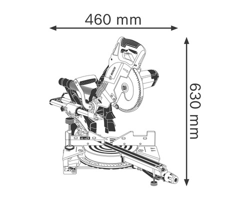Abbildung einer Kappsäge mit den Maßen 460 mm Breite und 630 mm Höhe.