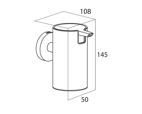 Technische Zeichnung eines Seifenspenders mit Wandhalterung und Maßangaben.