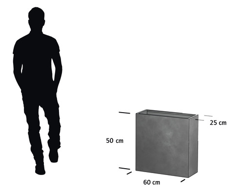 Rechteckiger Pflanzkasten mit Maßangaben: 50 cm Höhe, 60 cm Breite und 25 cm Tiefe