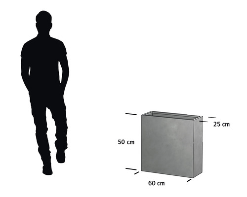 Abbildung eines Pflanzgefäßes mit den Maßen 50 cm Höhe, 60 cm Breite und 25 cm Tiefe.