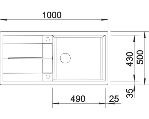 Technische Zeichnung einer Spüle mit den Maßen 1000 x 500 mm