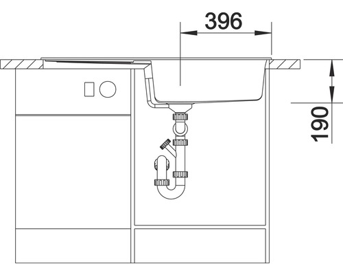 Technische Zeichnung einer Spüle mit den Maßen 396 x 190 mm