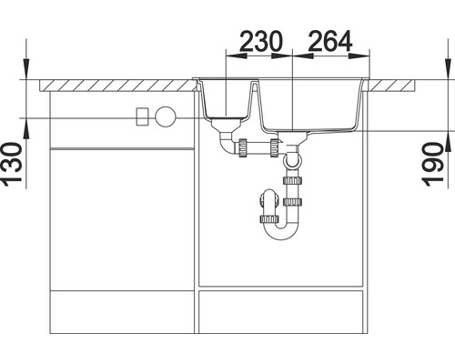 Technische Zeichnung einer Spüle mit Unterschrank und Maßangaben.