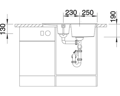 Skizze einer Spüle mit Maßangaben für den Einbau in einen Unterschrank