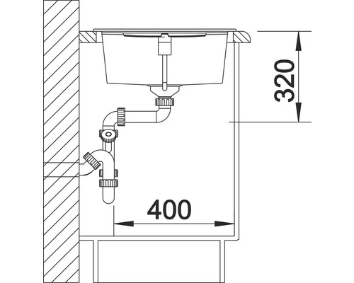 Skizze einer Spüle mit Abmessungen für die Installation