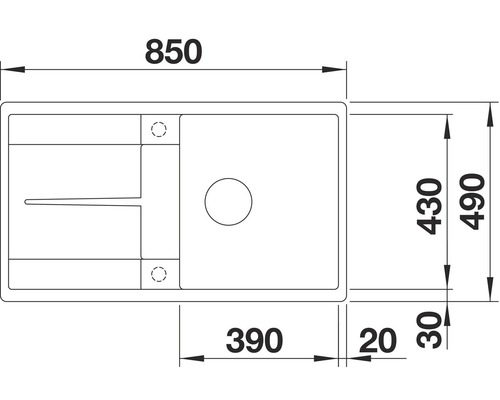 Zeichnung einer Spüle mit Maßangaben: 850 mm Gesamtlänge, 490 mm Gesamtbreite, Spülbeckenbreite 390 mm und Beckentiefe 430 mm.