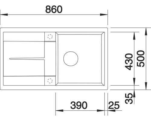 Technische Zeichnung einer Spüle mit den Maßen 860 x 500 mm.