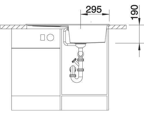 Technische Zeichnung eines Spülbeckens mit Unterschrank und Maßangaben.