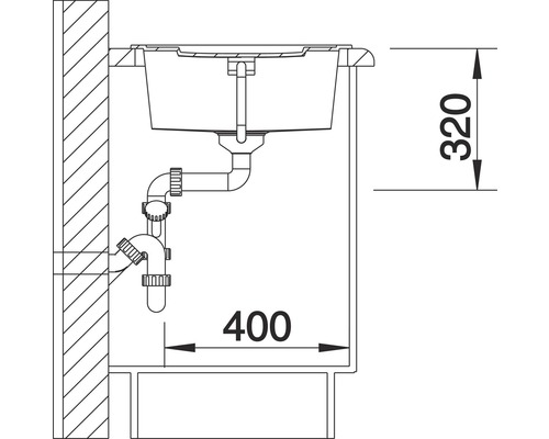 Technische Zeichnung eines Spülbeckens mit Maßangaben: 320 mm Höhe, 400 mm Breite