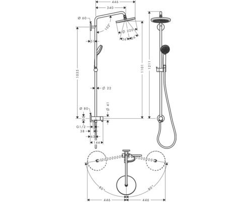 Technische Zeichnung eines Duschsystems mit Maßen