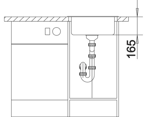 Skizze einer Küchenspüle mit Siphon und Maßangabe 165