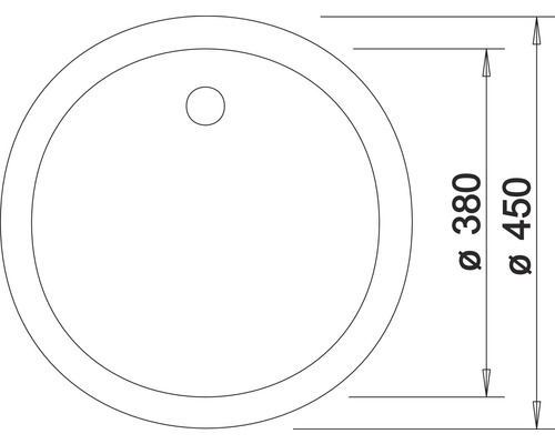 Technische Zeichnung eines runden Aufsatzwaschbeckens mit den Maßen 380 mal 450 Millimeter