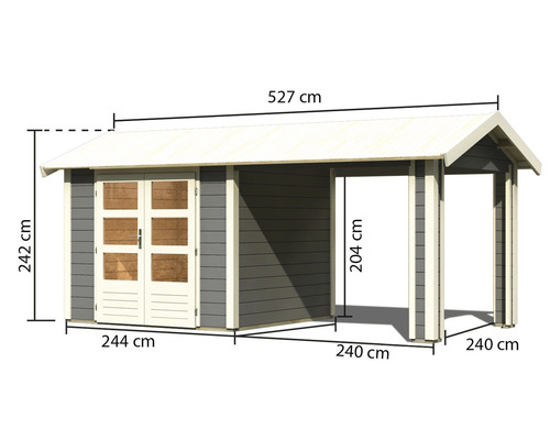 Abbildung eines Gartenhauses mit den Maßen 527 cm Breite, 242 cm Höhe, 244 cm Tiefe und 240 cm für den offenen Bereich.