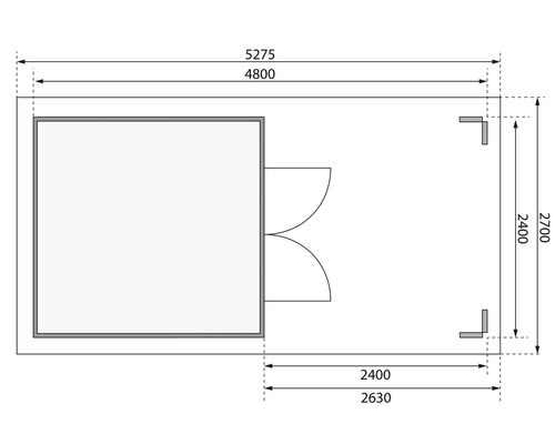 Grundrisszeichnung eines Gartenhauses mit Maßen