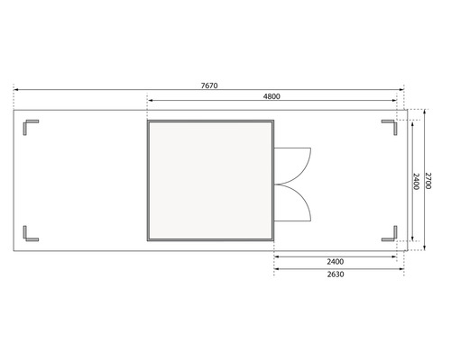 Grundrisszeichnung eines Gartenhauses mit Maßangaben