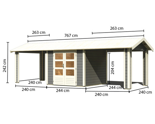 Abbildung eines Gartenhauses mit Maßen.