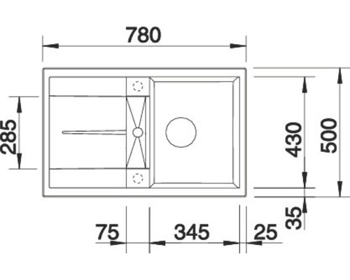 Technische Zeichnung einer Küchenspüle mit Maßangaben