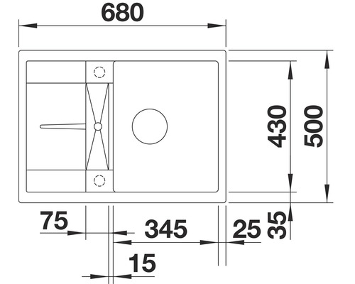 Zeichnung einer Küchenspüle mit Maßangaben.