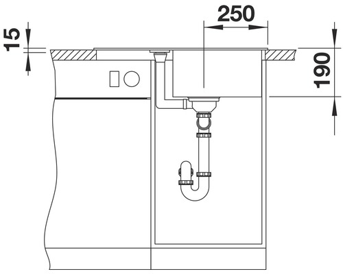 Technische Zeichnung einer Spüle mit Maßen für den Einbau