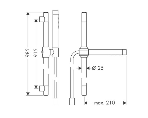 Technische Zeichnung einer Brausestange mit Maßangaben