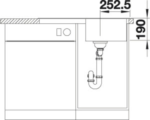Technische Zeichnung einer Spüle mit Abmessungen
