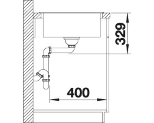Technische Zeichnung einer Spüle mit Abmessungen 400 und 329.