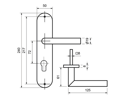 Technische Zeichnung eines Türdrückers mit Maßangaben