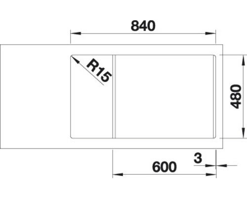 Technische Zeichnung einer Spüle mit den Maßen 840 x 480 Millimeter