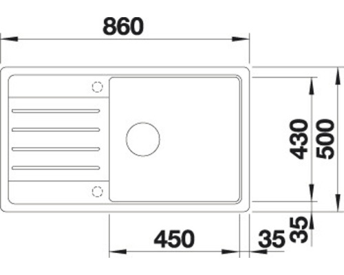 Zeichnung einer Spüle mit Abmessungen.