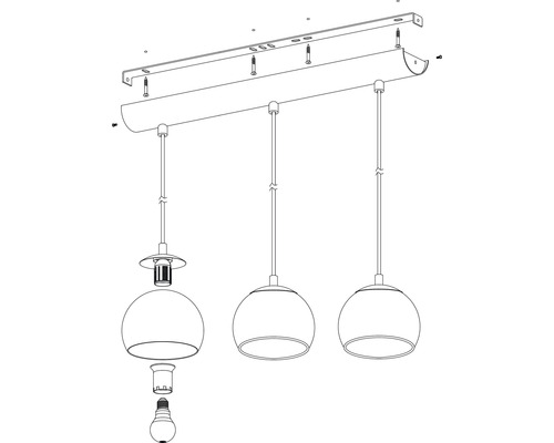 Explosionszeichnung einer dreiflammigen Pendelleuchte mit Montageanleitung