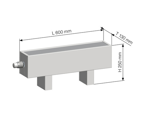 Heizkörper mit Maßen: Länge 600 mm, Tiefe 130 mm, Höhe 250 mm