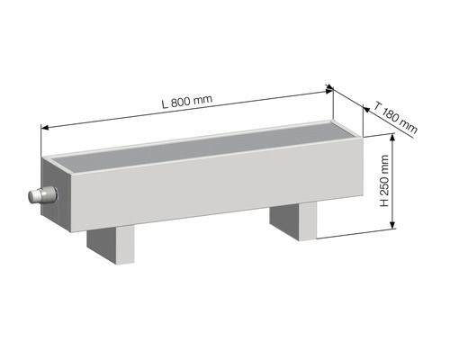 Technische Zeichnung eines 800 Millimeter langen, 180 Millimeter tiefen und 250 Millimeter hohen Heizkörpers