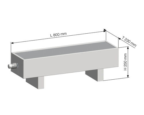 Abbildung eines Heizkörpers mit den Maßen 800 mm Länge, 230 mm Tiefe und 250 mm Höhe