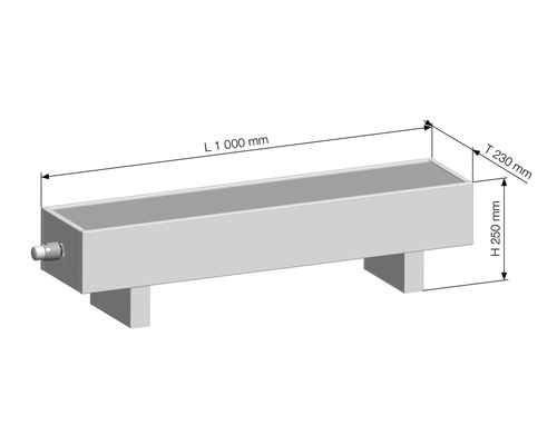 Abbildung einer Wasserbaustein-Attika mit den Maßen: Länge 1000 mm, Tiefe 230 mm, Höhe 250 mm.