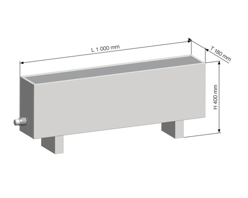 Abbildung eines Heizkörpers mit den Maßen 1000 mm Länge, 180 mm Tiefe und 400 mm Höhe
