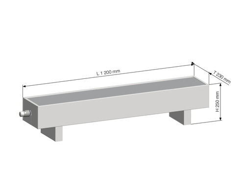 Abbildung einer rechteckigen Wanne mit den Maßen 1200 x 230 x 250 Millimeter.