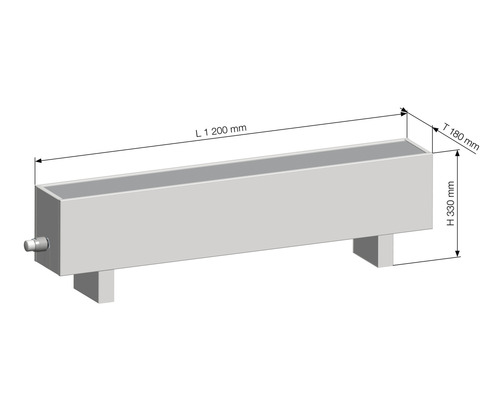 Technische Zeichnung eines Heizkörpers mit den Maßen 1200 Millimeter Länge, 180 Millimeter Tiefe und 330 Millimeter Höhe