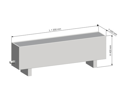 Dimensionsdarstellung einer Pflanzwanne mit den Maßen: Länge 1200 mm, Höhe 400 mm, Tiefe 230 mm.