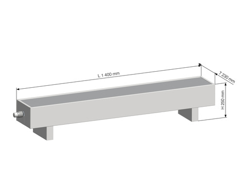 Abbildung einer Tränke mit den Maßen Länge 1400 mm, Tiefe 230 mm und Höhe 250 mm